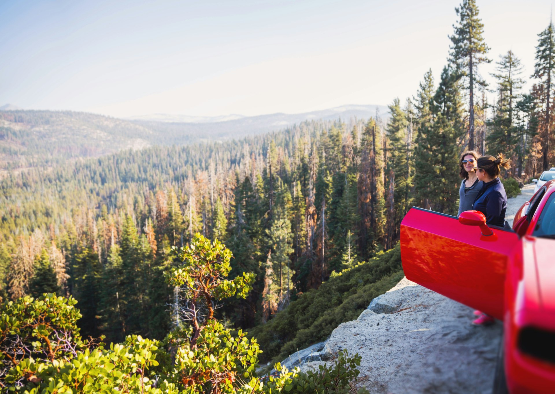 Two women stand beside a parked red car on the edge of a vast forest