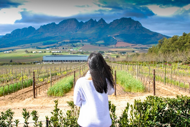 A woman gazes out at a rural landscape covered in vines with a mountain rising in the distance