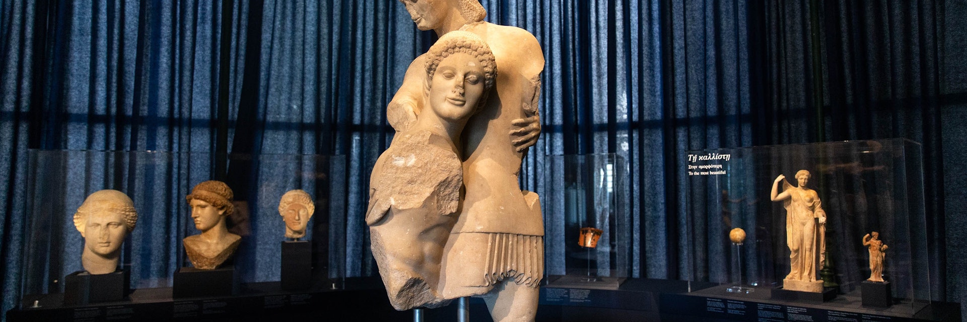 Sculptures are seen during a preview of the exhibition "Kallos, The Ultimate Beauty" at the Museum of Cycladic Art in Athens, Greece, on Sept. 27, 2021. A new exhibition by the Museum of Cycladic Art in Athens invites visitors to reflect on their personal notion of ultimate beauty by taking them on a time-travel in ancient Greece. Through 300 antiquities gathered from 52 museums, Ephorates of Antiquities and collections in Greece, Italy and the Vatican, the exhibition entitled "Kallos, The Ultimate Beauty," presents what this concept meant in everyday life and the philosophical discourse in ancient Greece, the organizers told a press conference on Monday. (Photo by Marios Lolos/Xinhua via Getty Images)
1235547905
ie