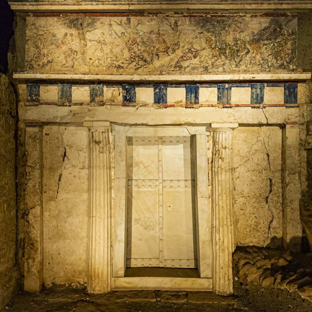 1303580786
architectural, artistic, creative, mural painting, mural paintings, murals, nighttime, no one, no person, nobody, outdoor, outside, paintings, past, stone, tomb of phillip ii, vergina, worn