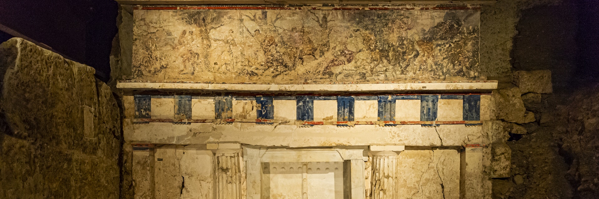 1303580786
architectural, artistic, creative, mural painting, mural paintings, murals, nighttime, no one, no person, nobody, outdoor, outside, paintings, past, stone, tomb of phillip ii, vergina, worn