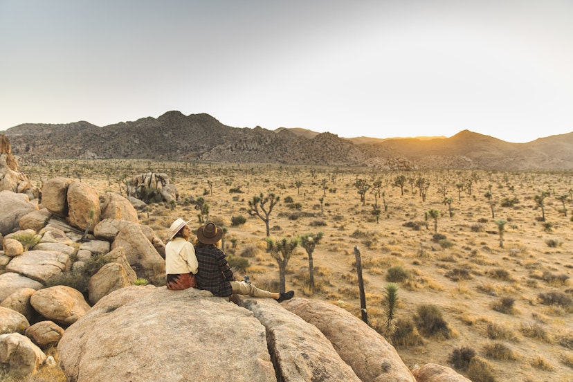 Dating couple in love sitting on rock overlooking Joshua Tree National Park desert
1373216468