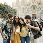 Small group of multiracial young tourists taking a selfie in front of the Barcelona's cathedral. Catalonia. Spain
1385464195