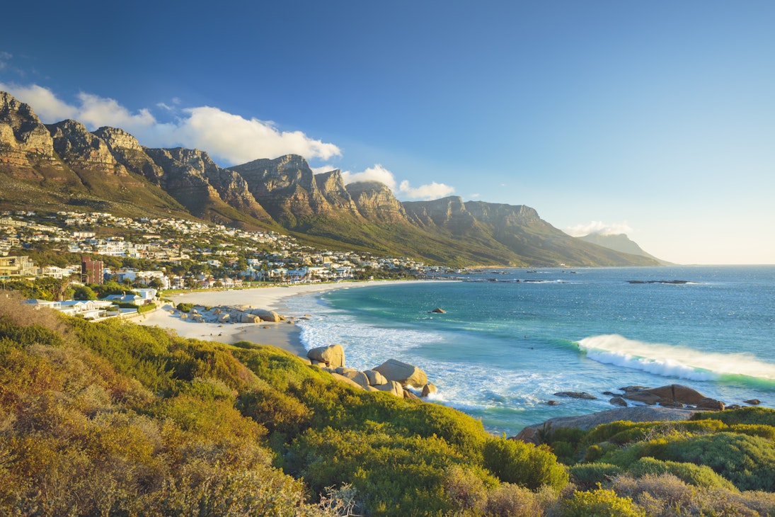 View of the beach and Twelve Apostles mountain in Camps Bay near Cape Town in South Africa.