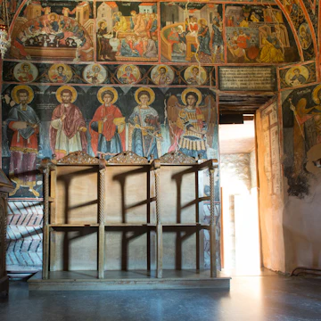 Interiors of the Monastery of the Holy Trinity in Meteora - complex of Eastern Orthodox monasteries, Greece
510164240
Kalambaka, Roussanou Monastery, Orthodox Church, Convent, Cloister, Dawn, Fresco, Scenics, Religion, Ancient, Famous Place, Architecture, Rural Scene, Indoors, Outdoors, People, Meteora, Thessaly, Greece, Tree, Plant, Summer, Cliff, Mountain Range, Mountain, Ceiling, Monastery, Church, holy trinity, Orthodox, UNESCO World Heritage Site