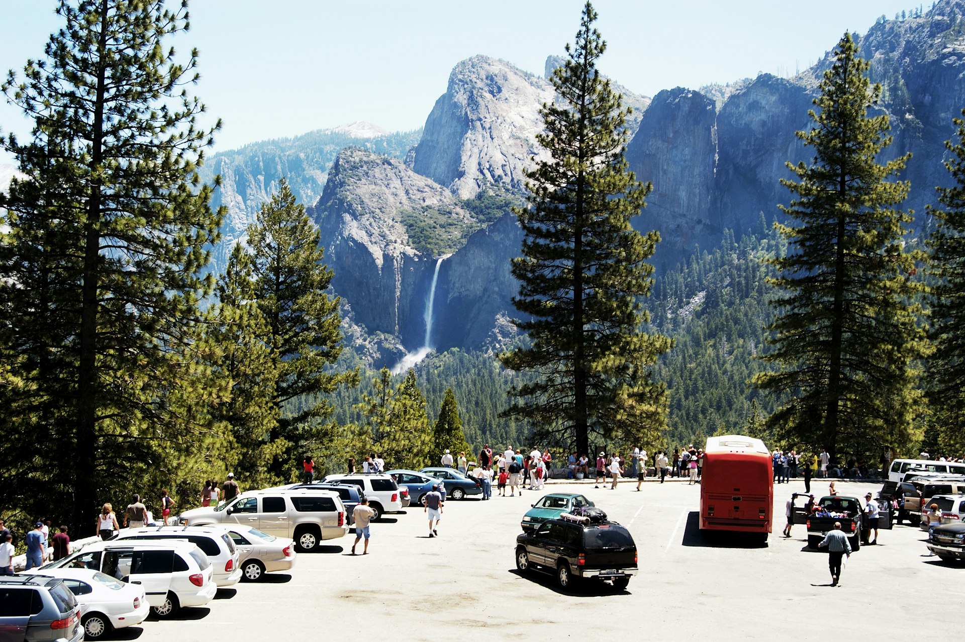 A busy car park in Yosemite Valley, California
