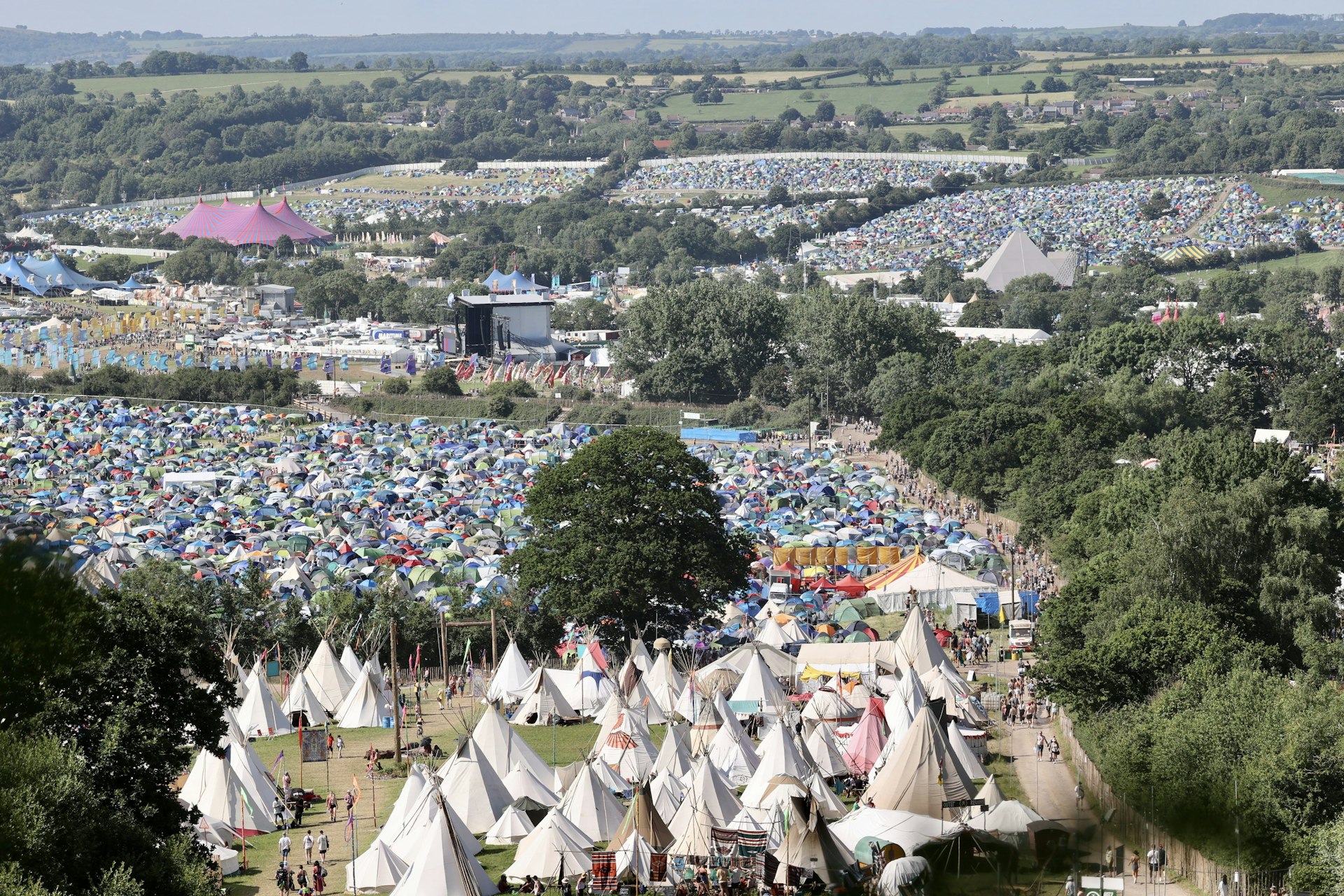 Glastonbury Festival site from above with fields of tents in 2022