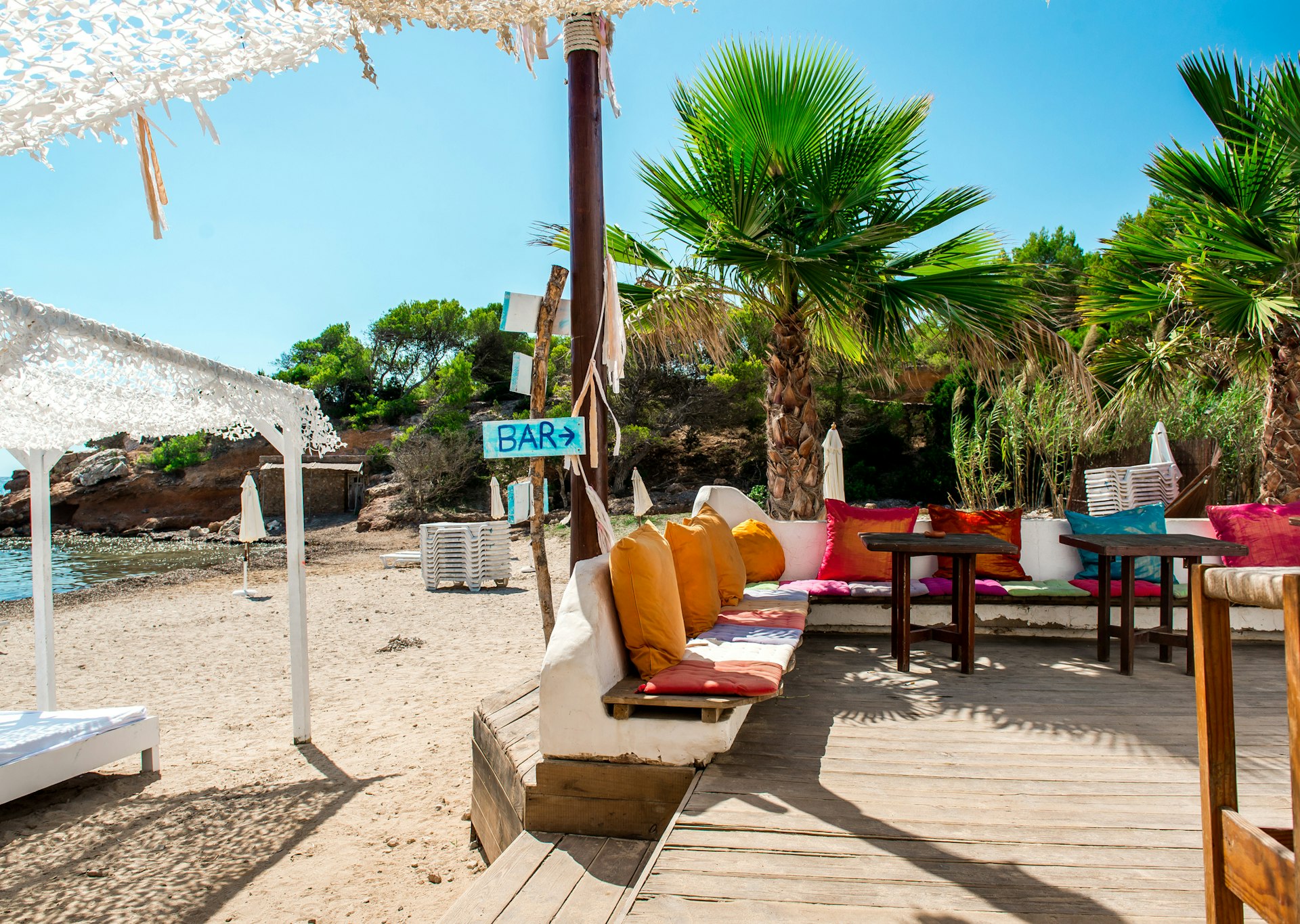 Outdoor bar on the beach of Ibiza. Balearic Island
