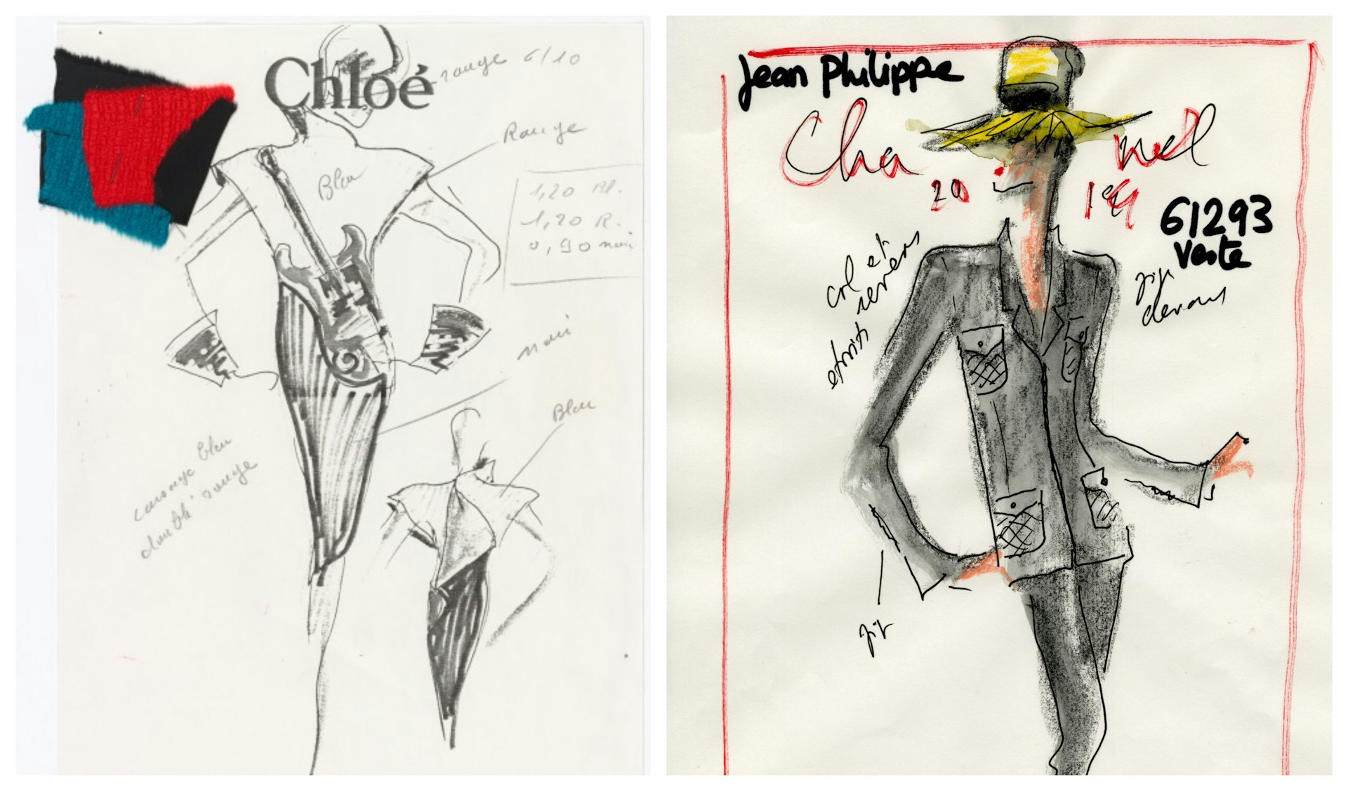 Karl Lagerfeld costume sketches for Chloe and Chanel design houses