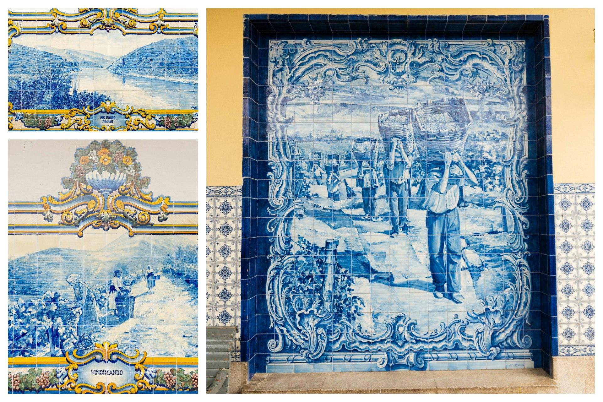 Blue and white tiles depicting scenes of rural farmwork decorate a station wall