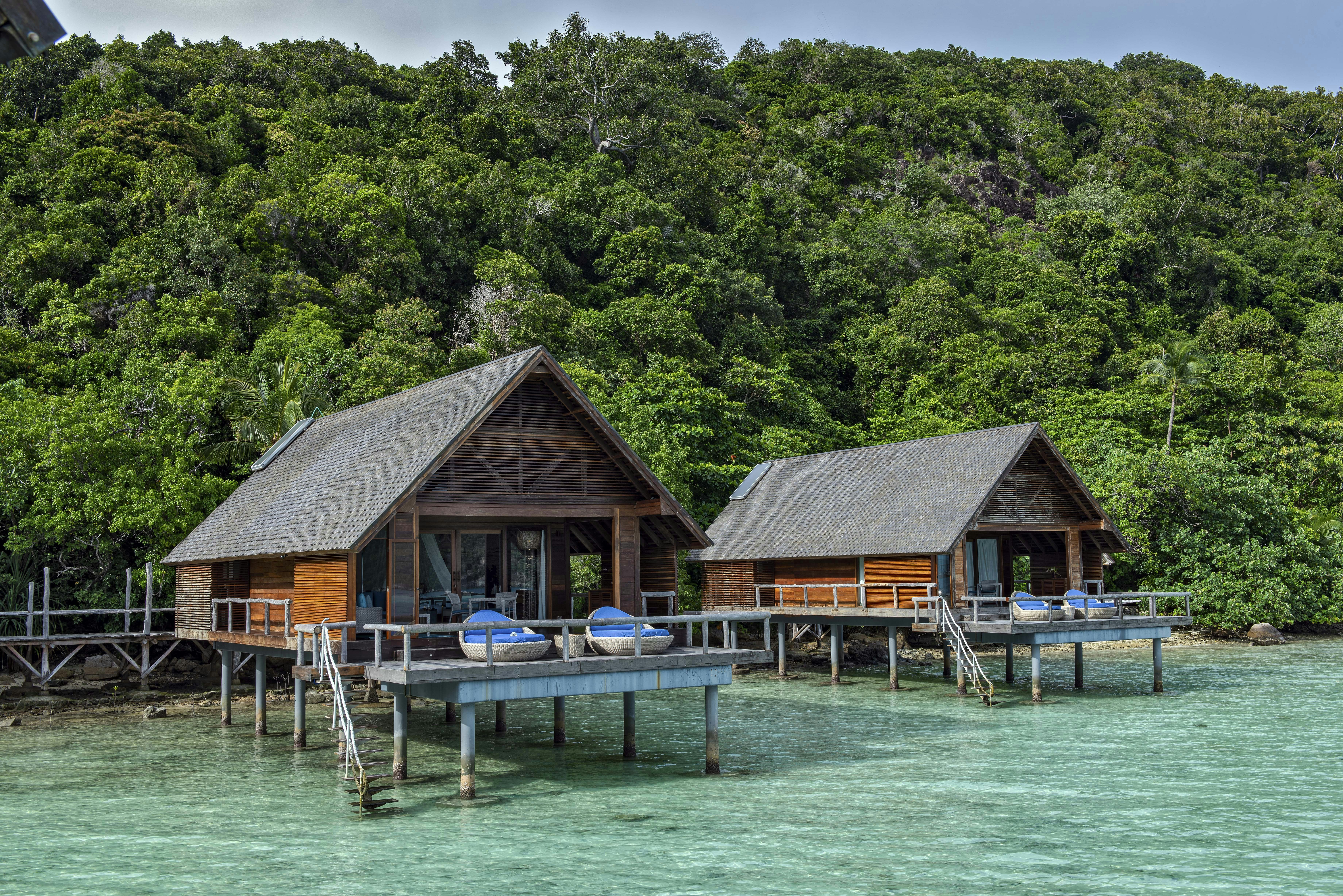 Two overwater villas at Bawah Reserve, Riau Archipelago, Indonesia
