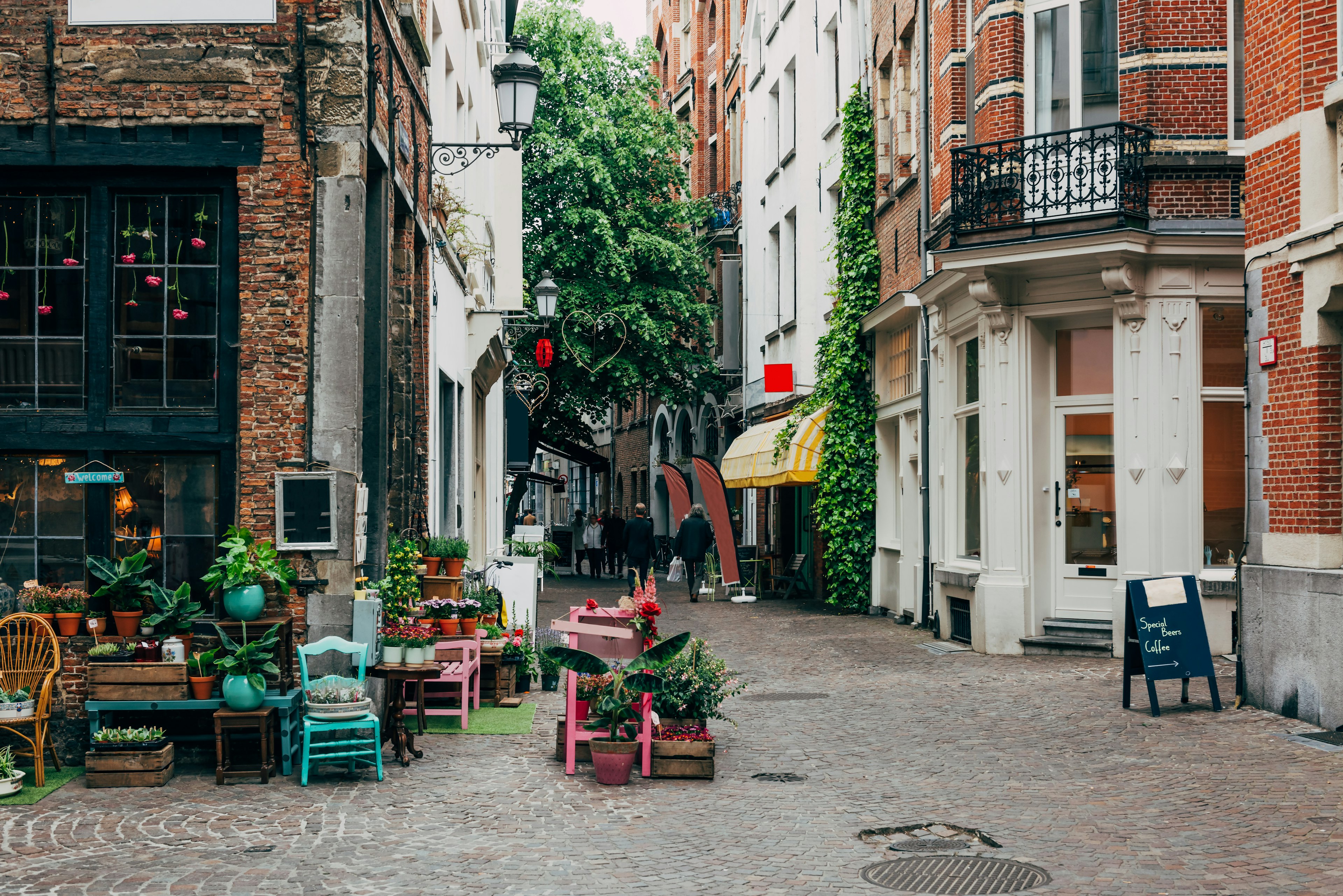 Old street with flower shop in historic city center