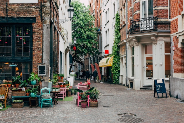Old street with flower shop in historic city center