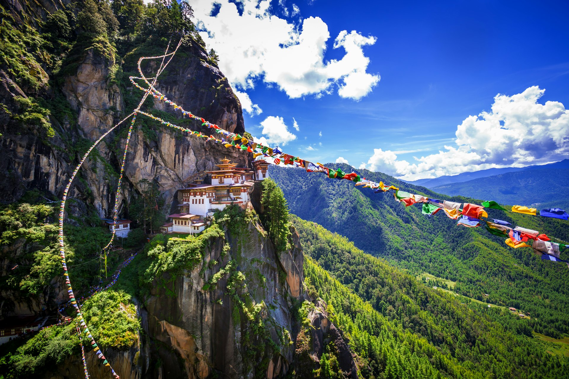 The Taktshang Goemba (Tiger's Nest Monastery), clings to a cliffside in Bhutan