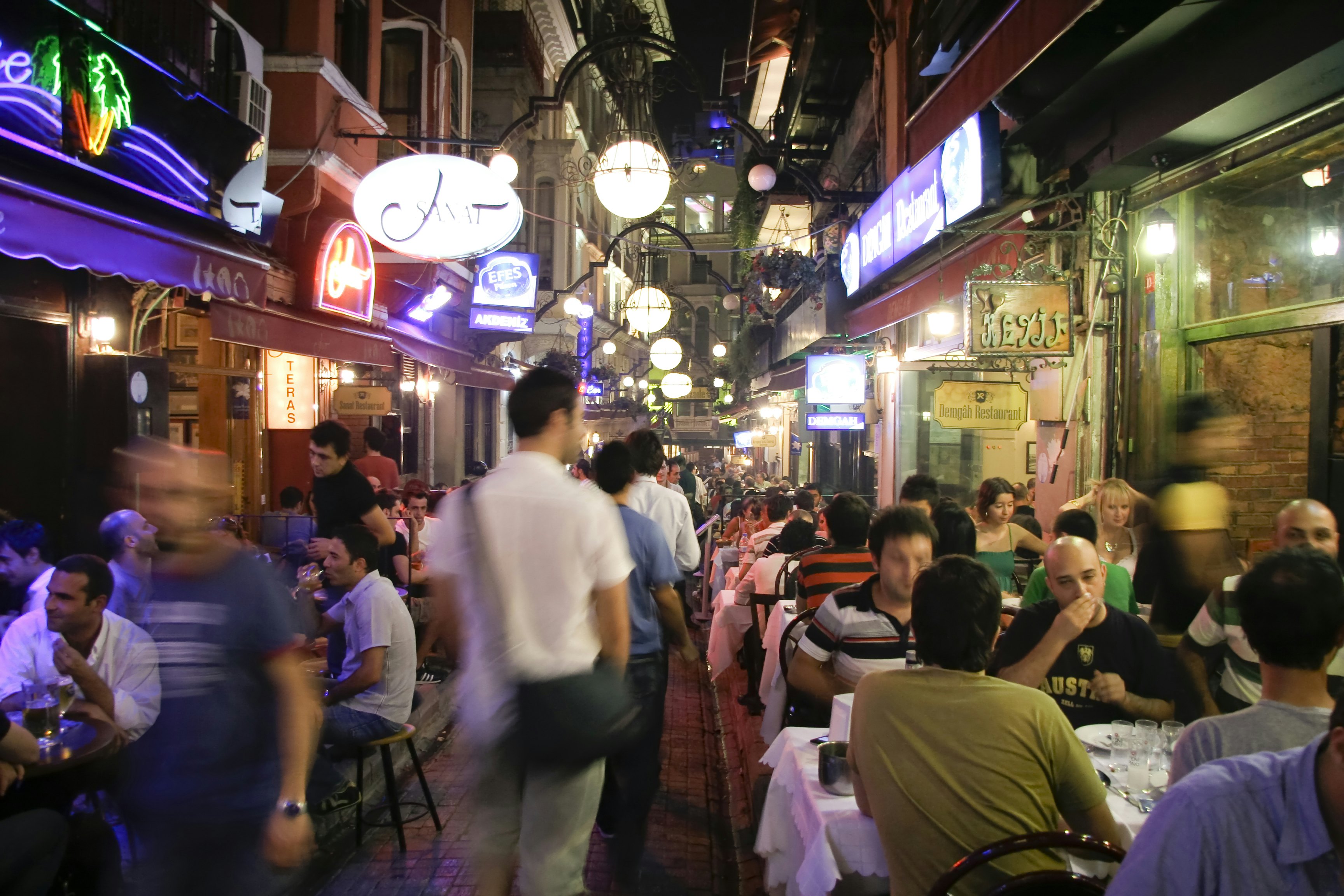 Busy restaurant and bar scene at night in Taksim, Istanbul, Turkey on July 25, 2007. Taksim is a popular destination for tourists and locals of Istanbul. 26882794 bar, barcelona, beer, busy, capital, city, citylife, crowd, cuisine, customers, eat, enjoy, europe, food, fun, holiday, hot, island, istanbul, istiklal, latin, life, market, mediterranean, men, night, nightlife, noisy, outdoor, outside, pedestrian, people, person, restaurant, sitting, south, street, summer, table, taksim, tapas, terrace, travel,