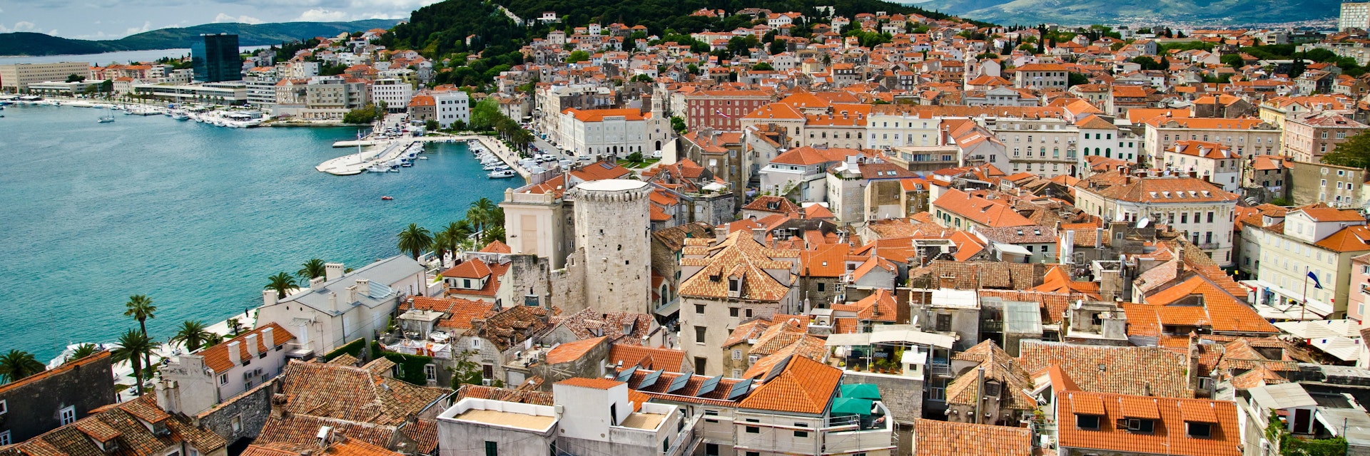 Aerial view of Split's historic Diocletian's Palace, Old Town and Marjan hill.
