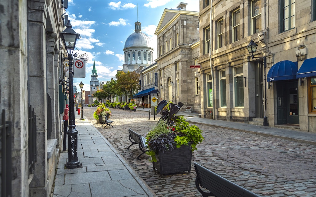 Cobbled streets in Old Montreal during the early morning in summer.