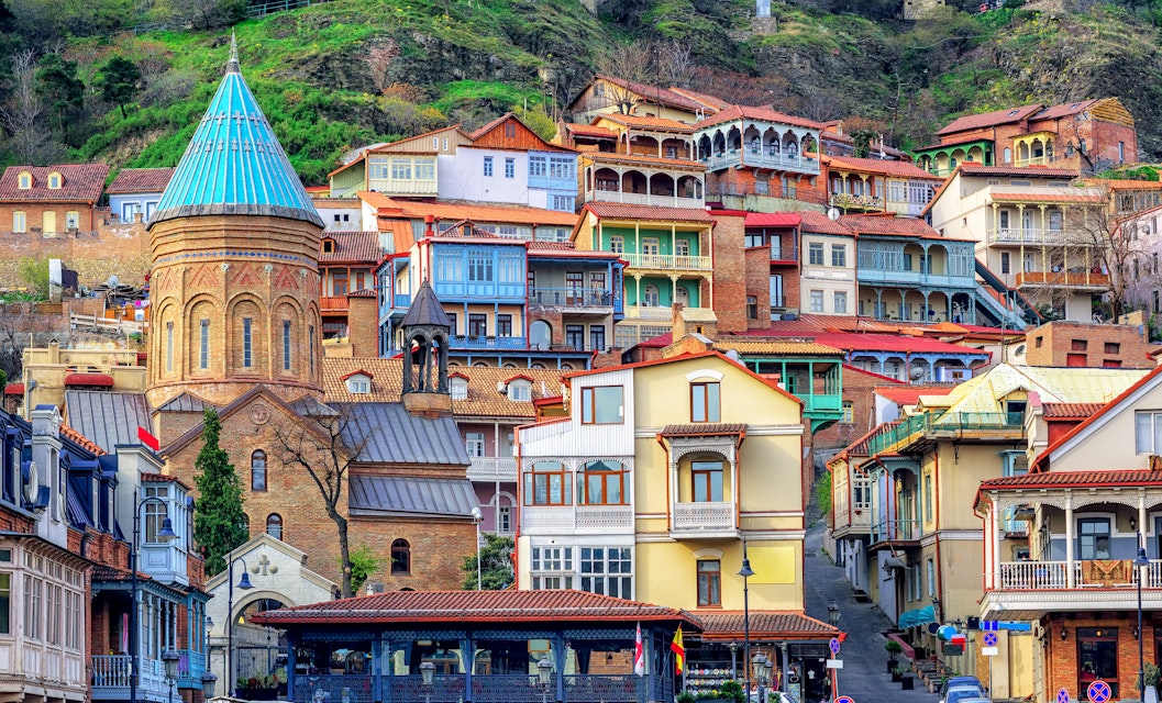 Colourful traditional houses with wooden carved balconies in the Old Town of Tbilisi.