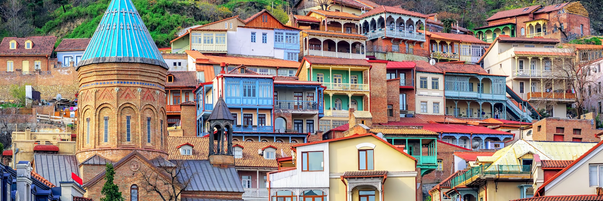 Colourful traditional houses with wooden carved balconies in the Old Town of Tbilisi.