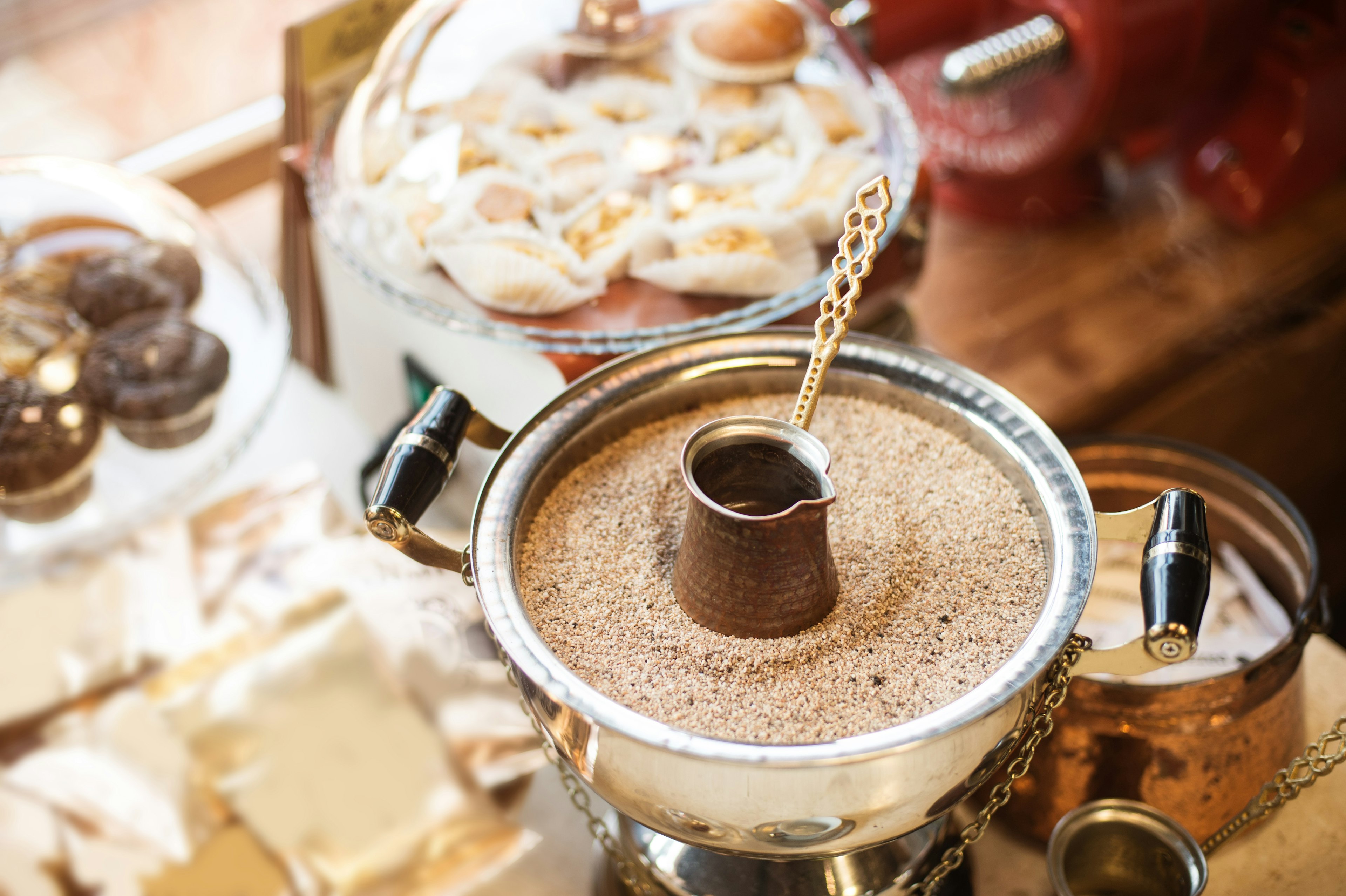 Turkish coffee preparation in a coffee shop in Tirana, Albania.