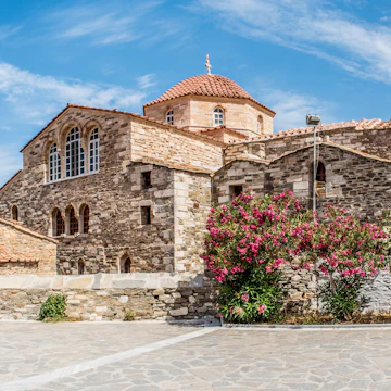 Front entrance of Panagia Ekatontapyliani church at the island of Paros in Cyclades, Greece.
