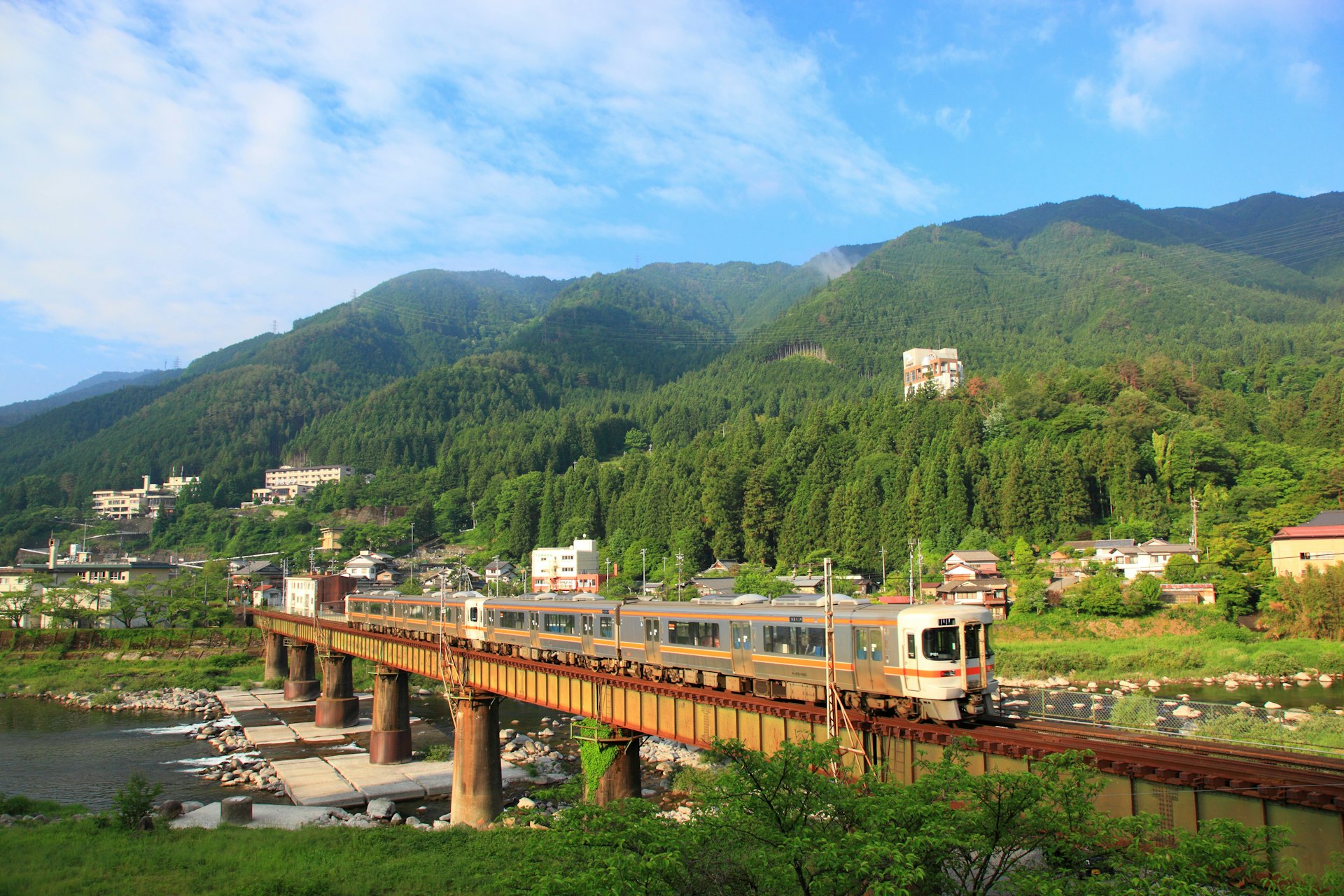 A train in the countryside of Gero Onsen, Gifu Prefecture, Japan