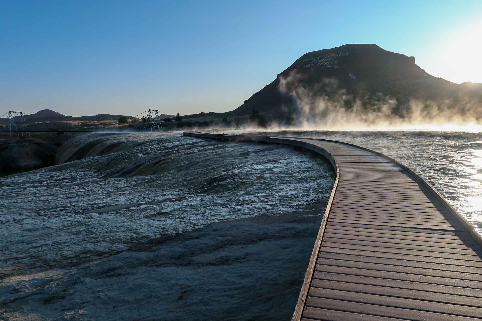 A wooden walkway across hot springs at Hot Springs State Park, Thermopolis, Wyoming, USA