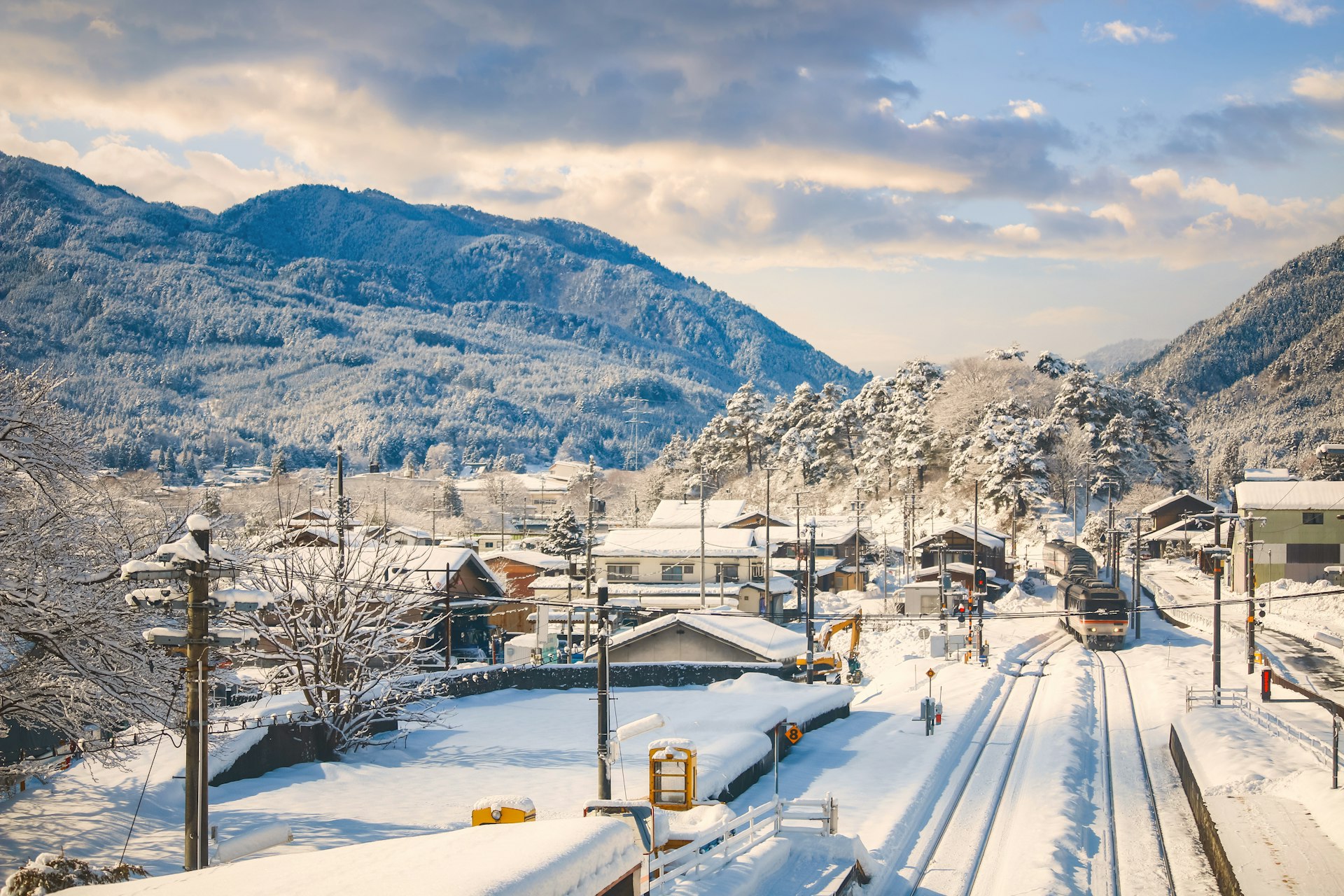 A trains station in winter with snow, Takayama, Japan