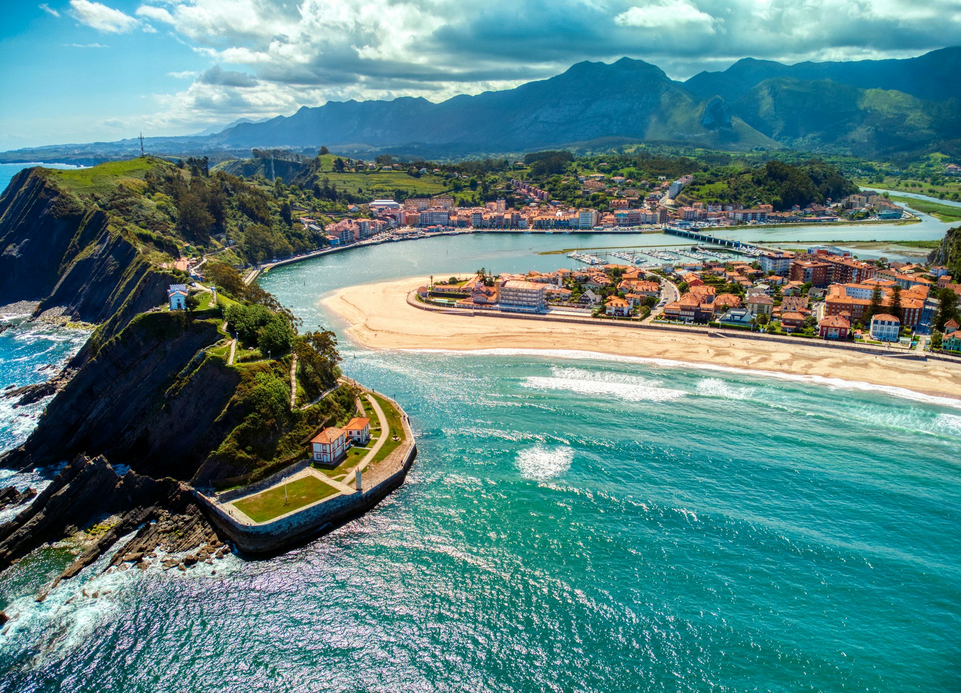 Aerial view of Ribadesella beach and its estuary, Ribadesella, Asturias, Spain