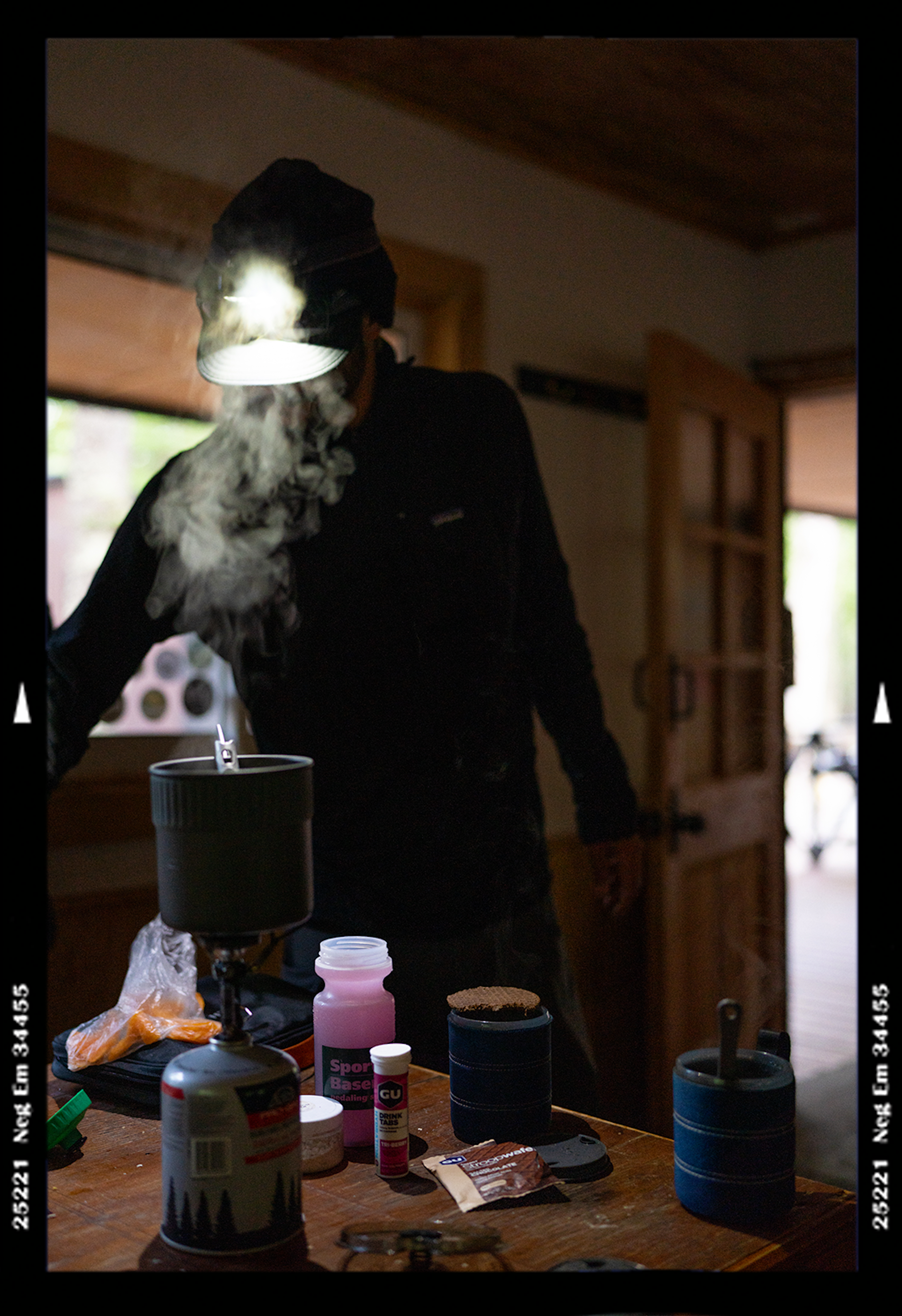 Hiker making coffee in the lodges at Torres del Paine