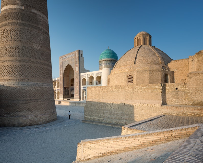 Kalon Minaret leading to the Mir-i-Arab Medressa in Bukhara, Uzbekistan.
