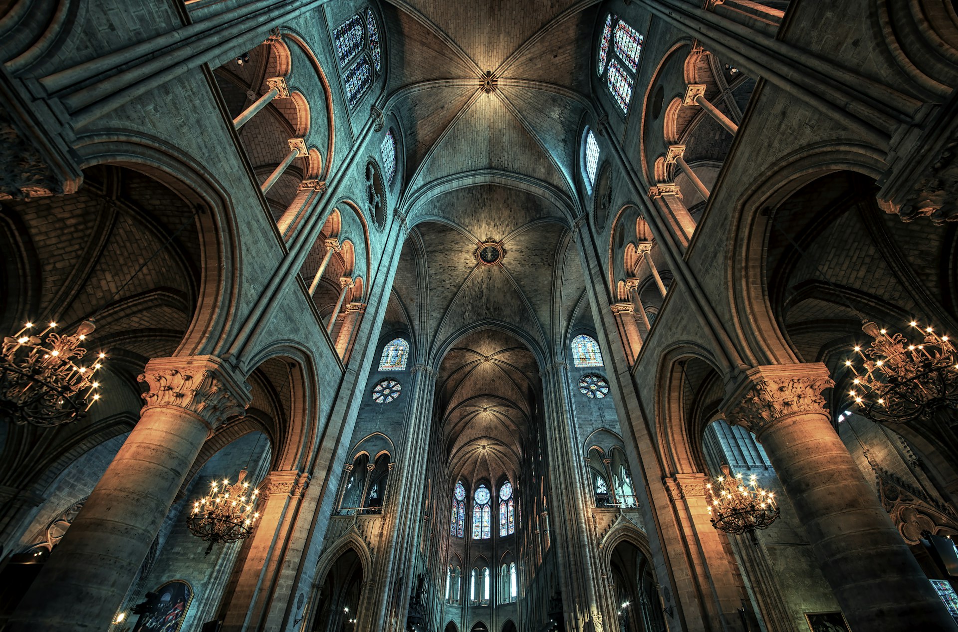 A view of the Gothic nave of Notre Dame Cathedral, Paris, Île-de-France, France