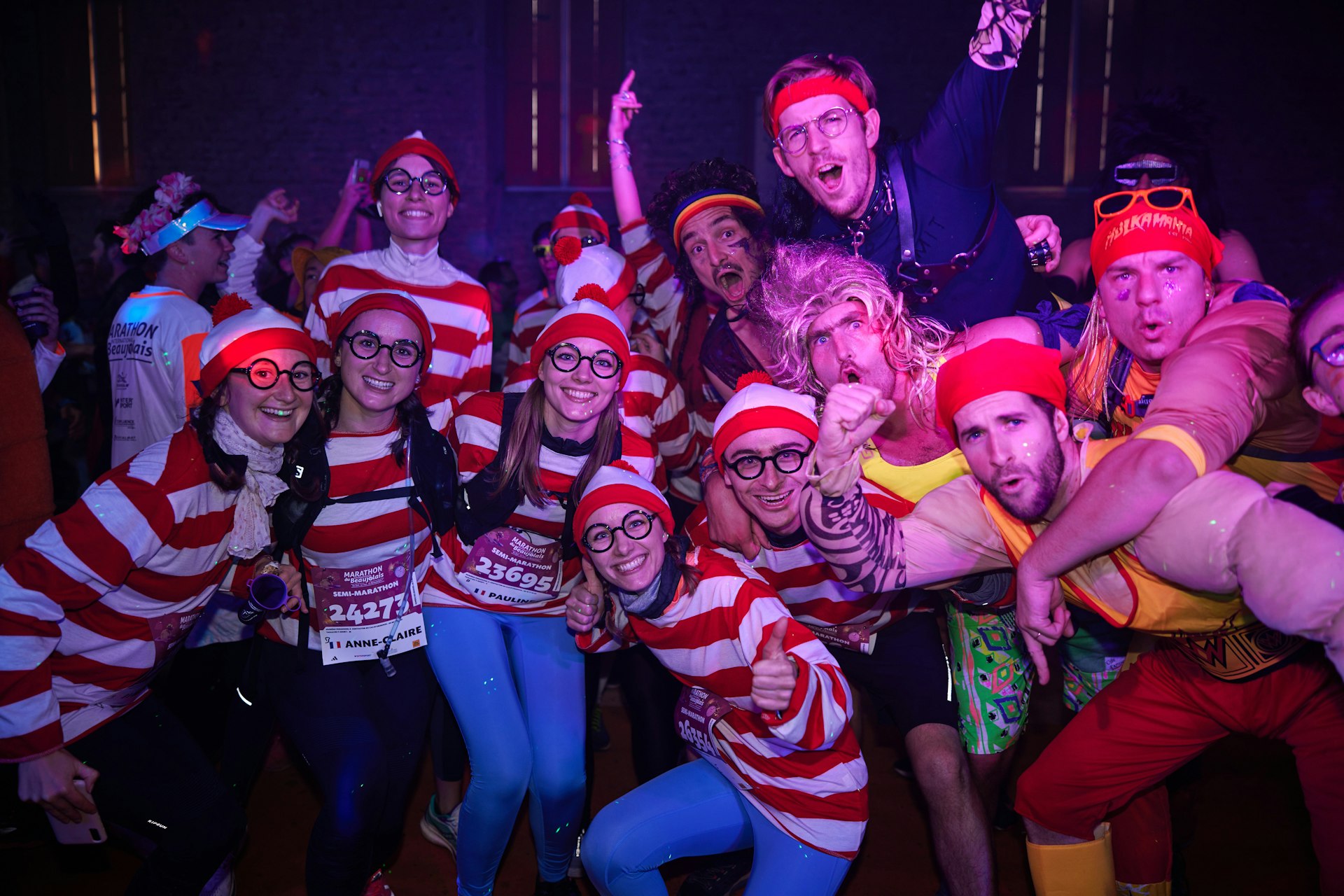 Friends dressed up as Where's Wally (Waldo) at the Beaujolais Wine Marathon afterparty