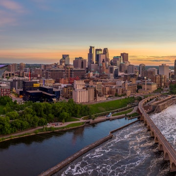 Aerial view of Minneapolis and St. Anthony Falls at dusk 