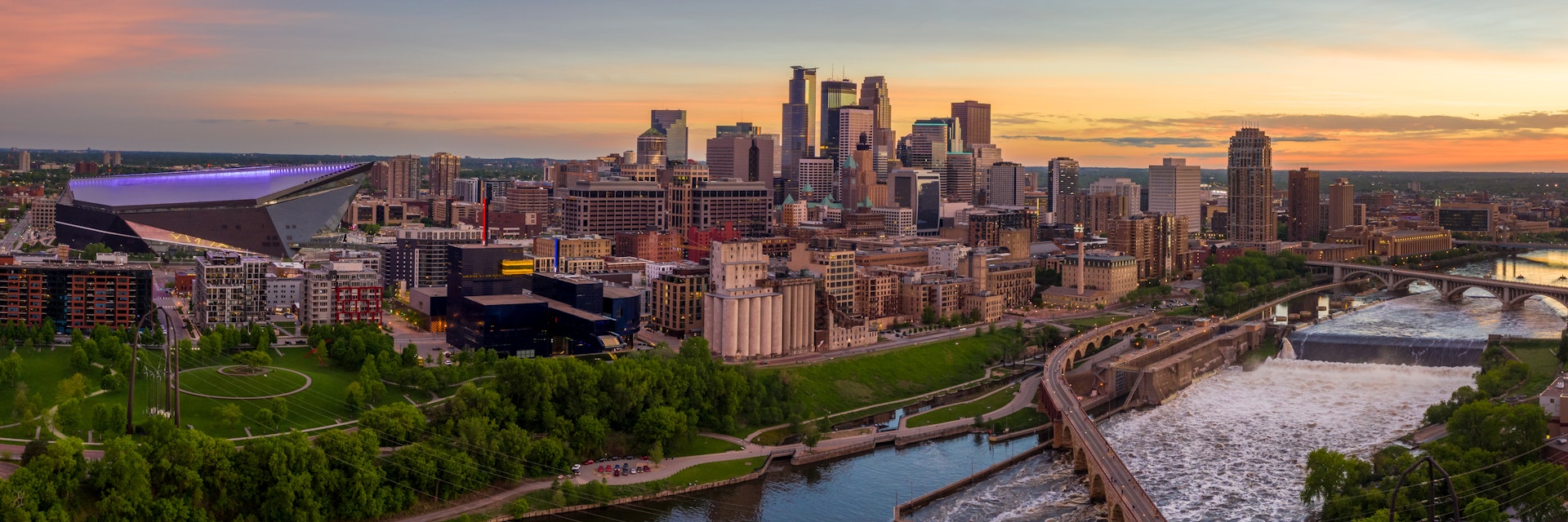 Aerial view of Minneapolis and St. Anthony Falls at dusk 