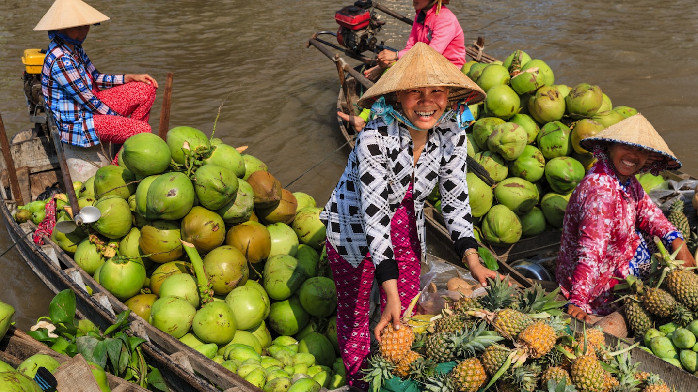 Vietnamese woman selling fruits on floating market, Mekong River Delta, Vietnam
1190457520
