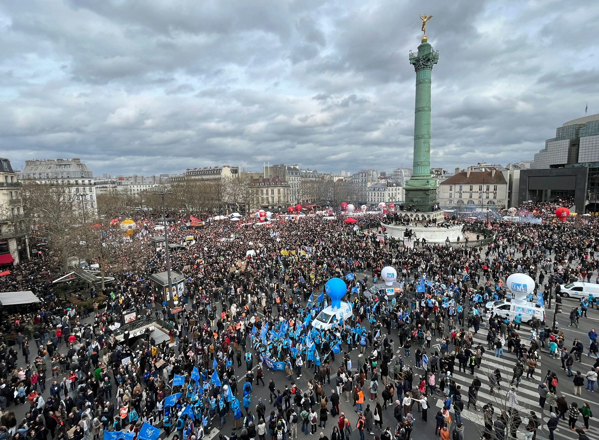 Protesters take part in a students’ demonstration, Place de la Bastille, Paris, France