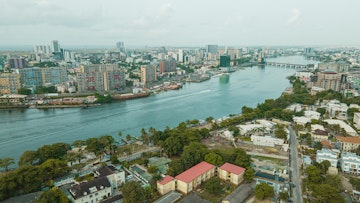 Cityscape and skyline of Lagos Island, Ikoyi, and Victoria Island in Lagos, Nigeria.