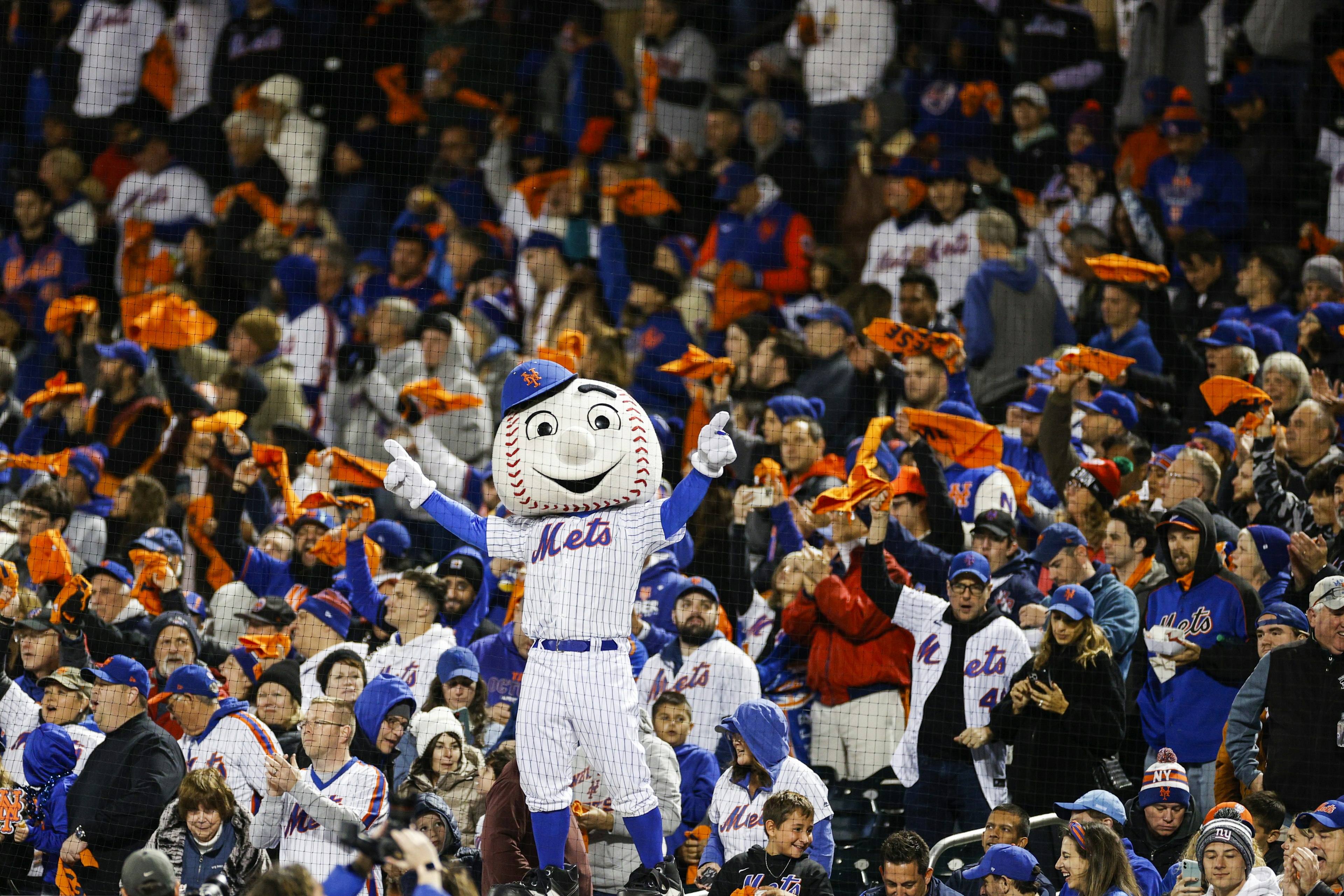 Mr Met is seen against the San Diego Padres in game two of the Wild Card Series at Citi Field on October 08, 2022 in New York City, New York, USA