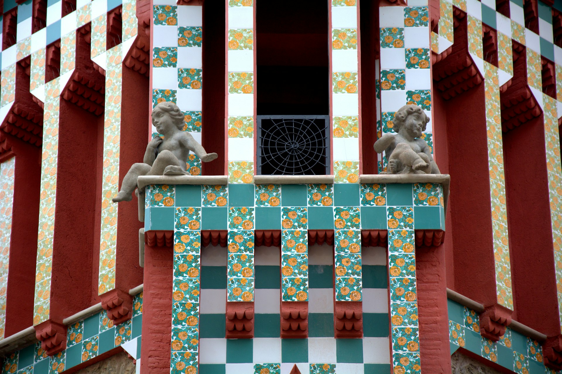 Detail of the facade of the art Nouveau house called Casa Vicens designed by Antonio Gaudi in Barcelona.