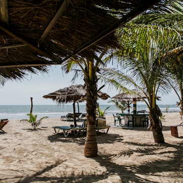 Palm trees and wooden umbrellas in the Sanyang area.