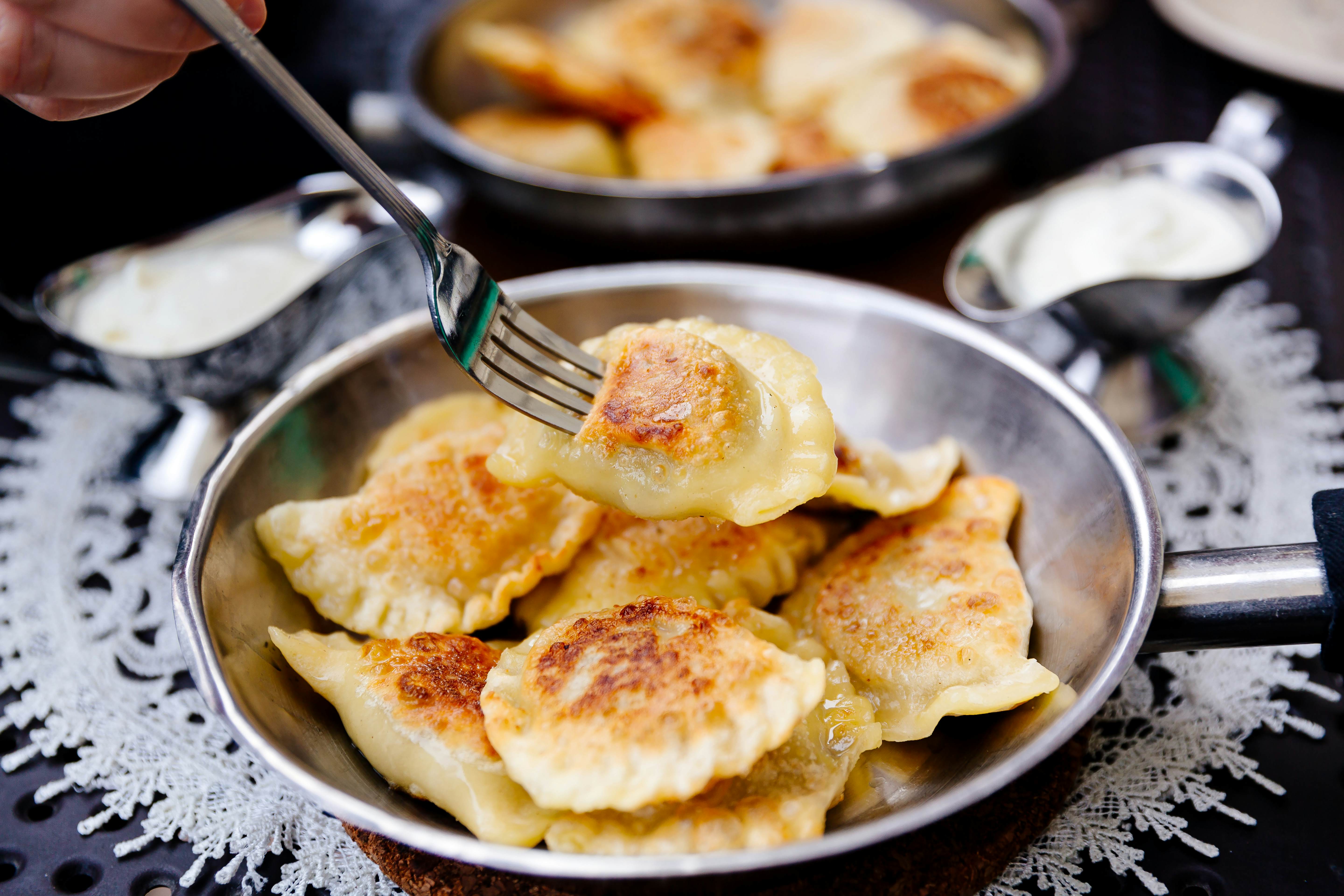 A bowl of pierogi, traditional Polish dumplings, in Poland.