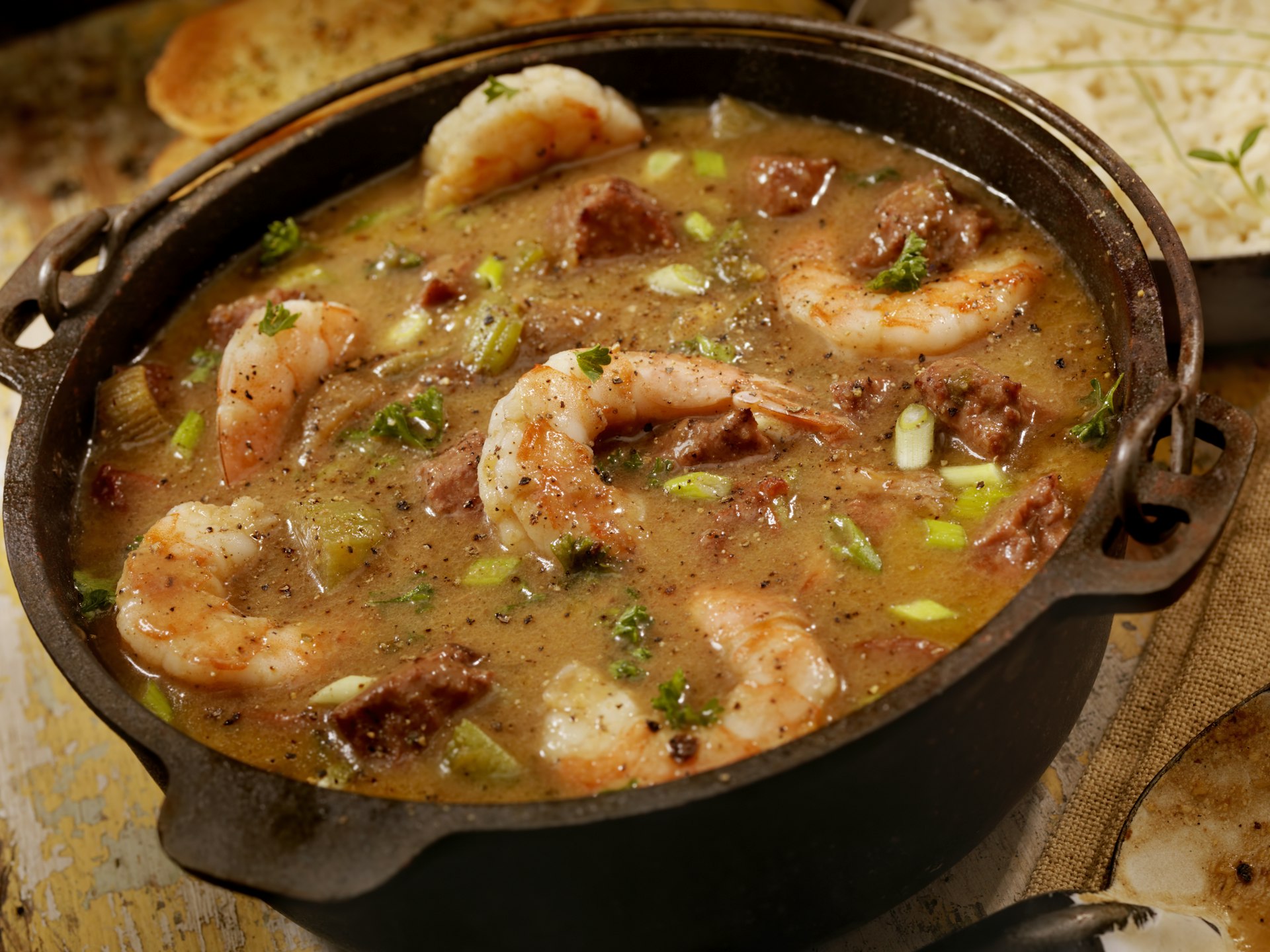 A pot of Creole-style shrimp and sausage gumbo with white rice and French bread served in New Orleans