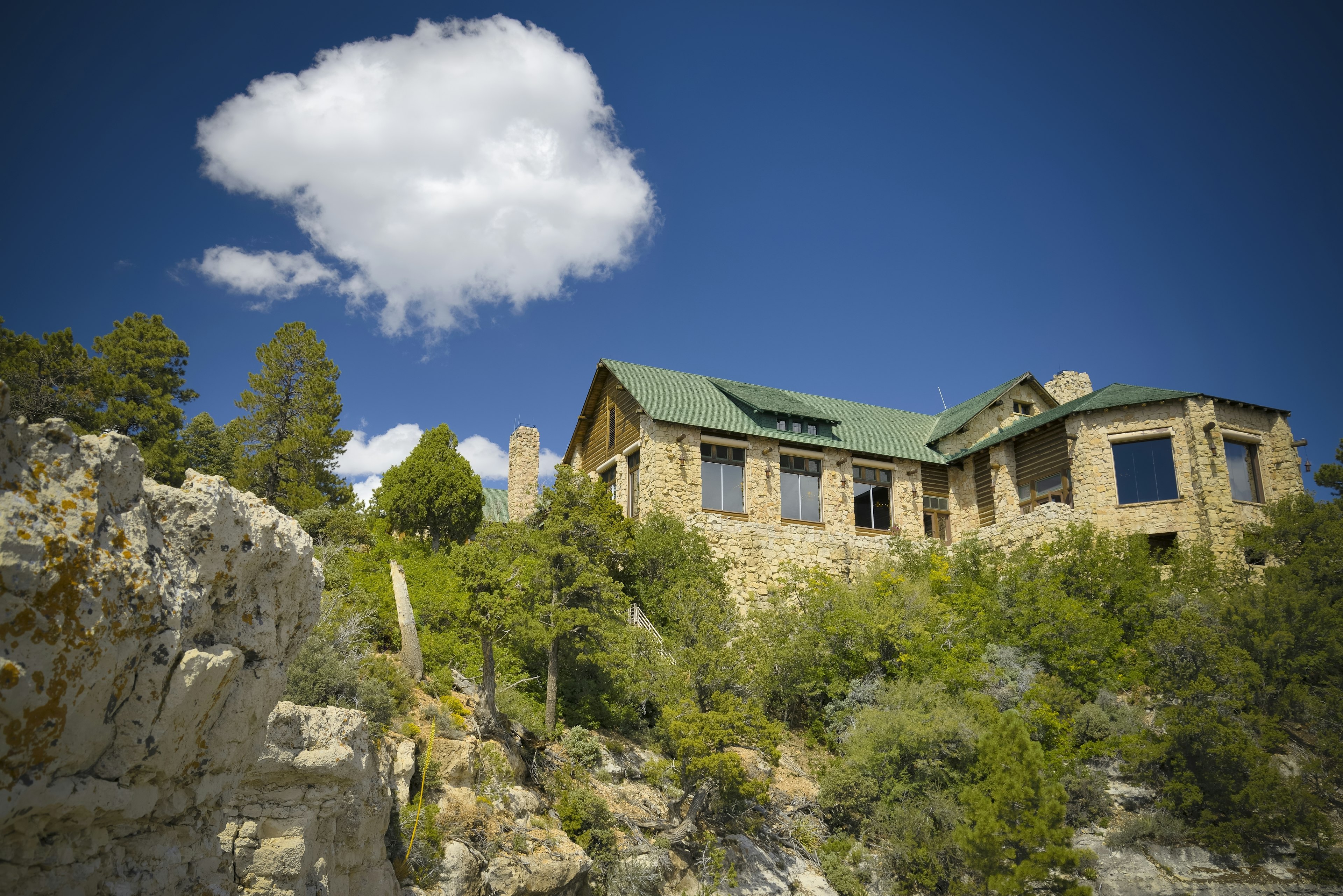 Low angle view of the Grand Canyon Lodge on the North Rim of the beautiful Grand Canyon in Arizona.