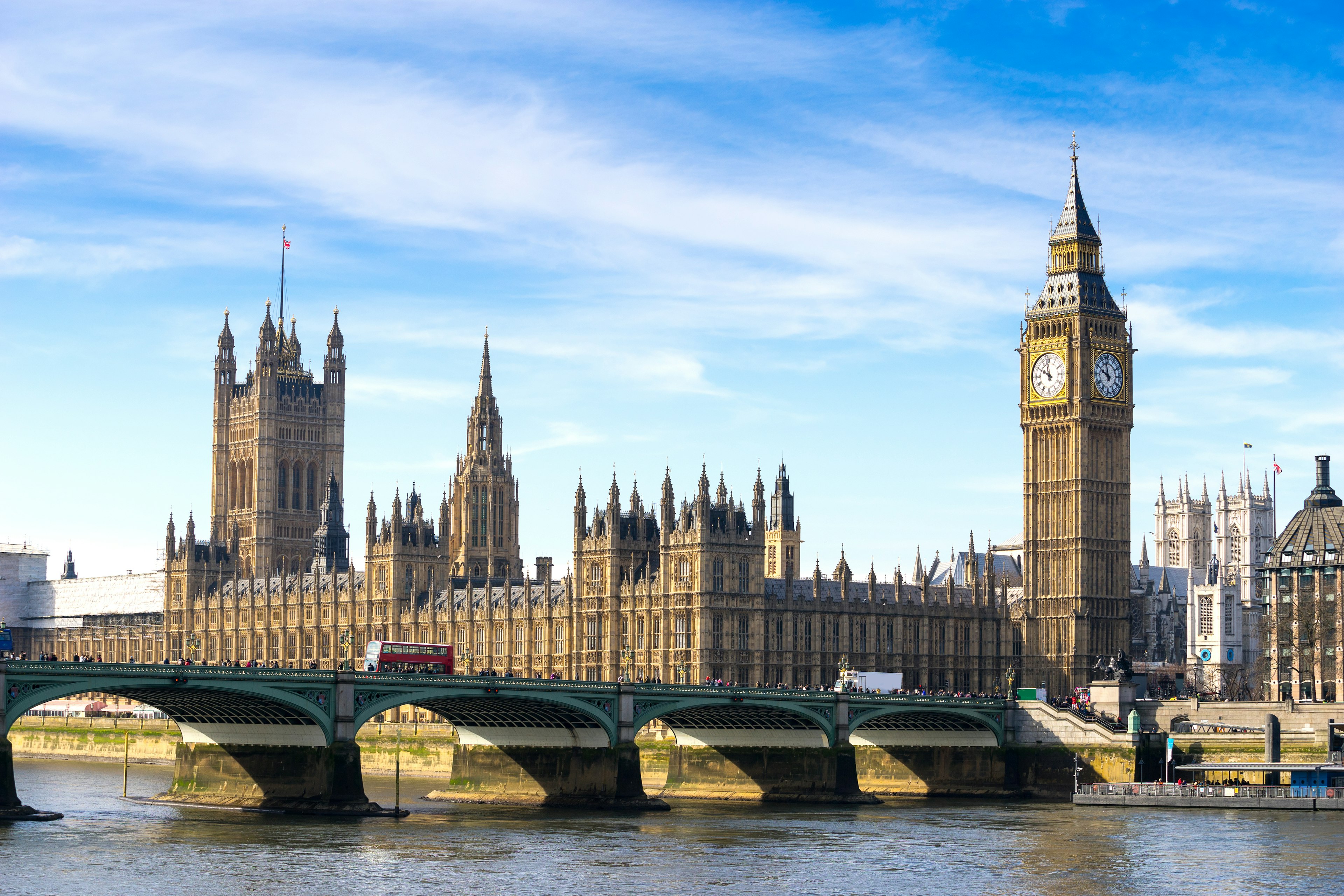 Big Ben, Thames, Houses of Parliament and Westminster Abbey.