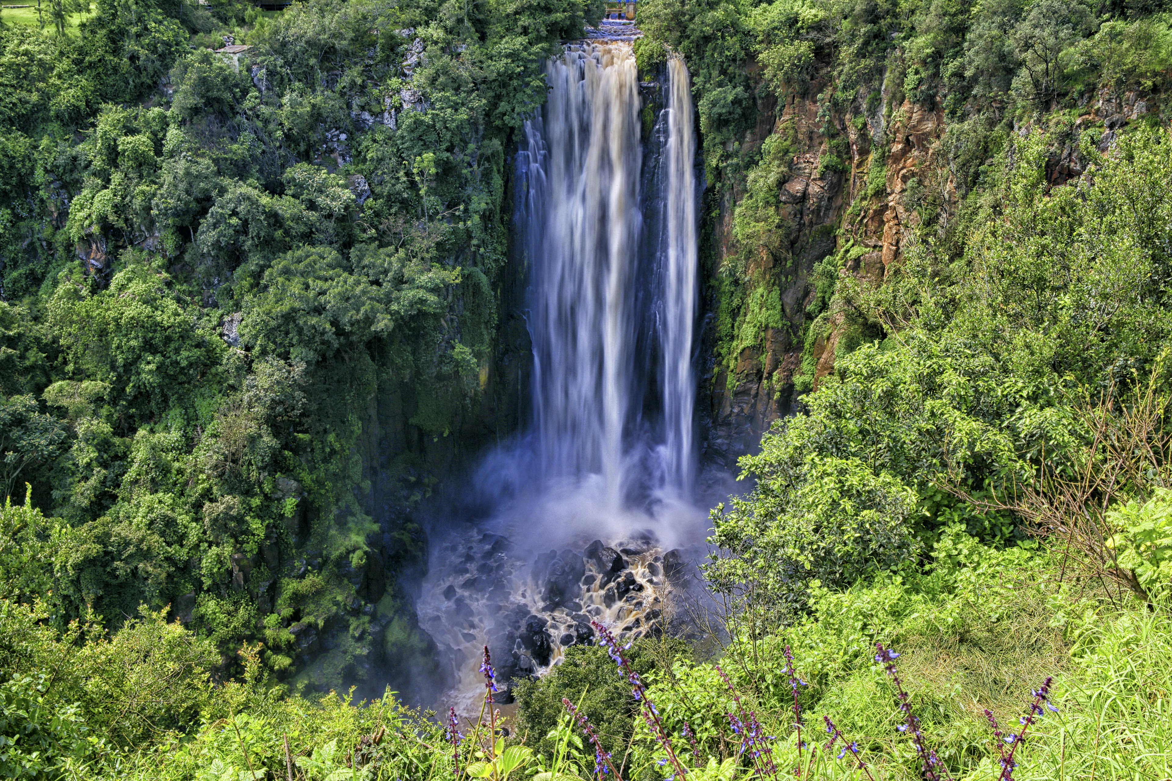 A shot of Thomson's Falls in Aberdare National Park from afar, the waterfall gushing down into a pool that's surrounded by thick greenery