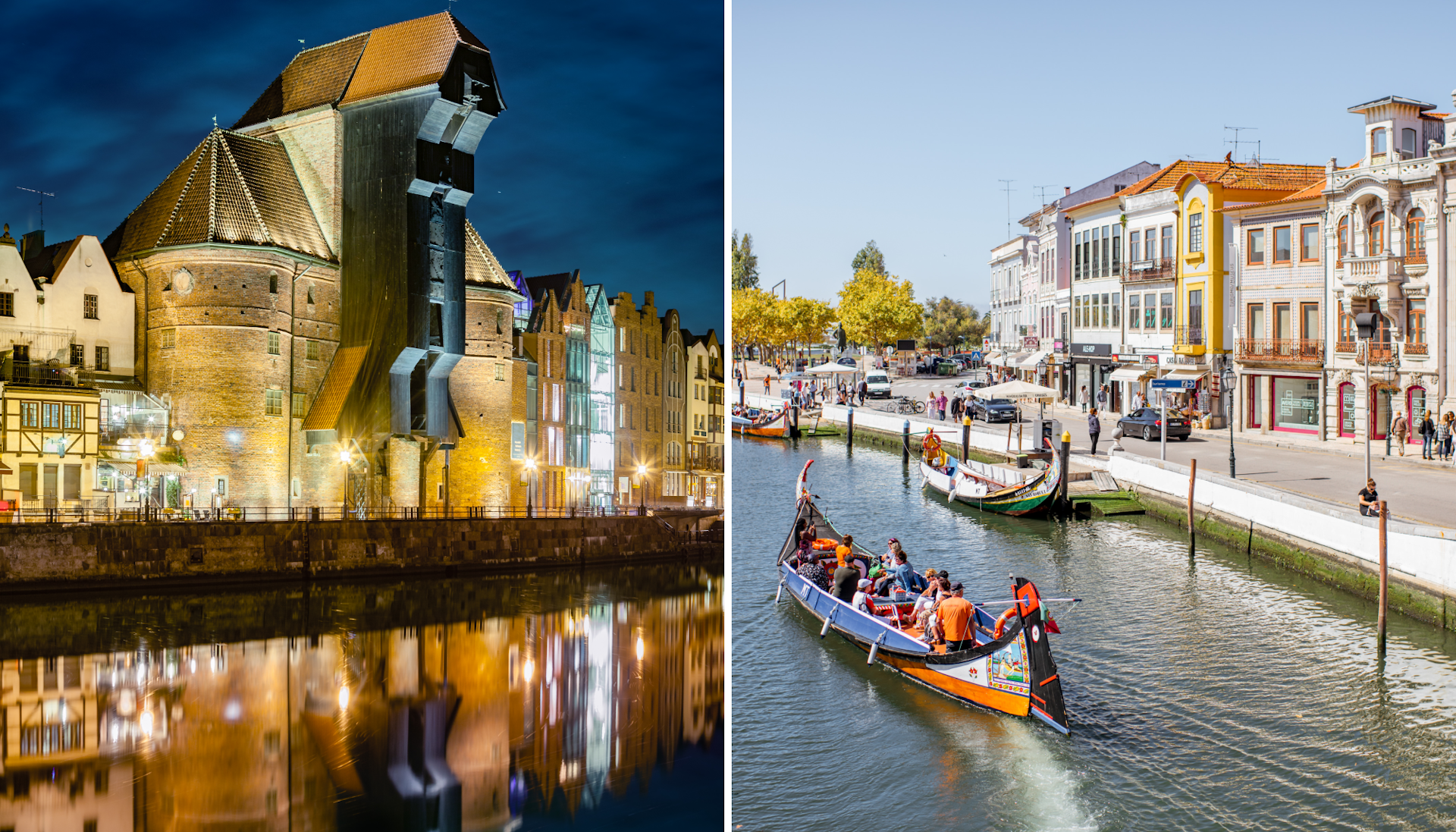 The Crane of Gdansk; the water channel with boats and colorful old buildings in Aveiro.