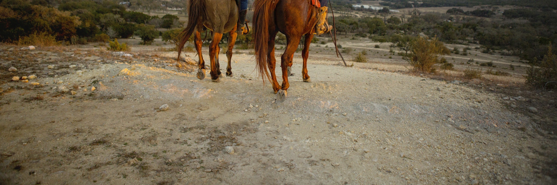 Two wranglers on horseback overlooking the Dixie Dude Ranch in Bandera, Texas.