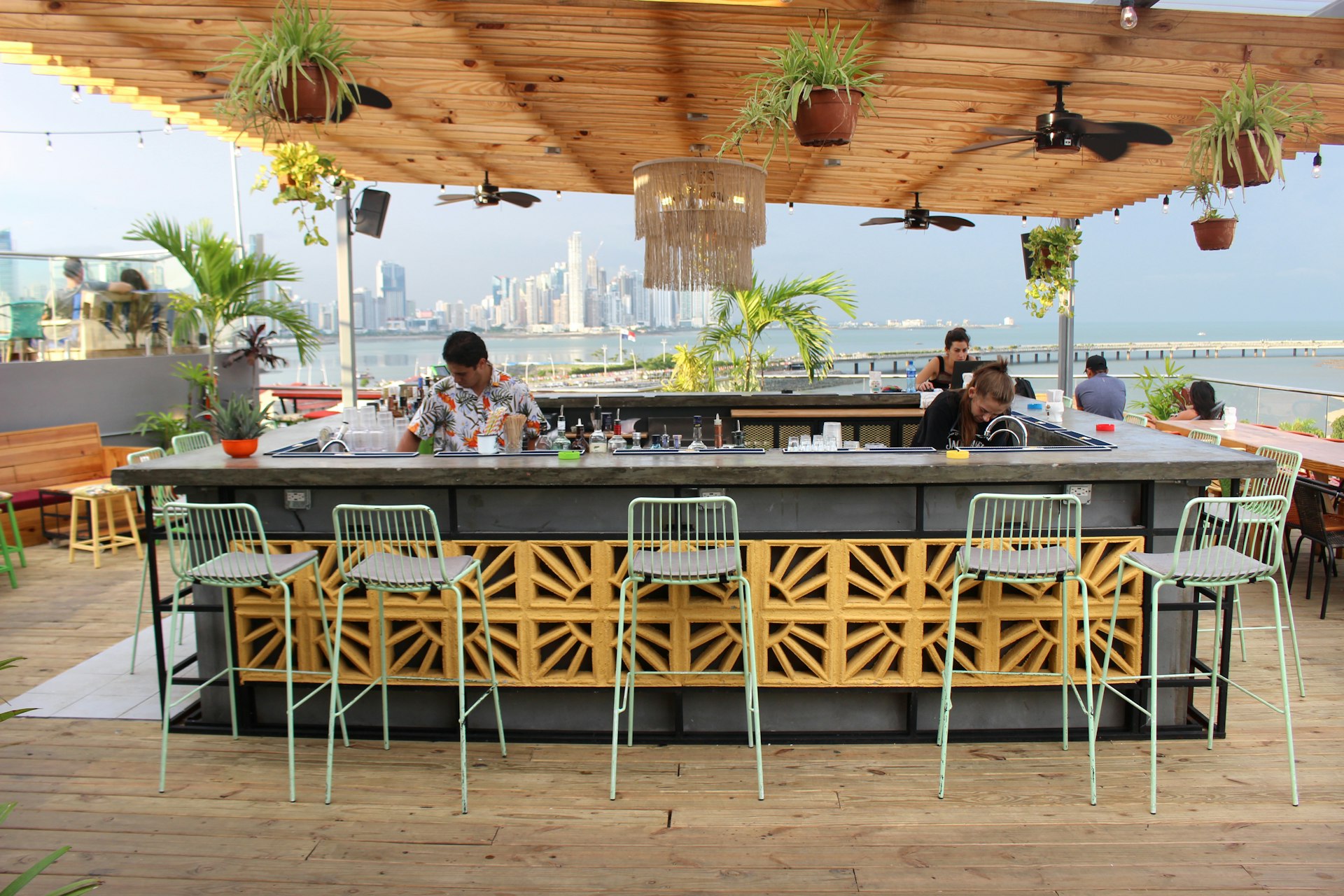 A rooftop bar in Casco Viejo with a view of the Panama City skyline