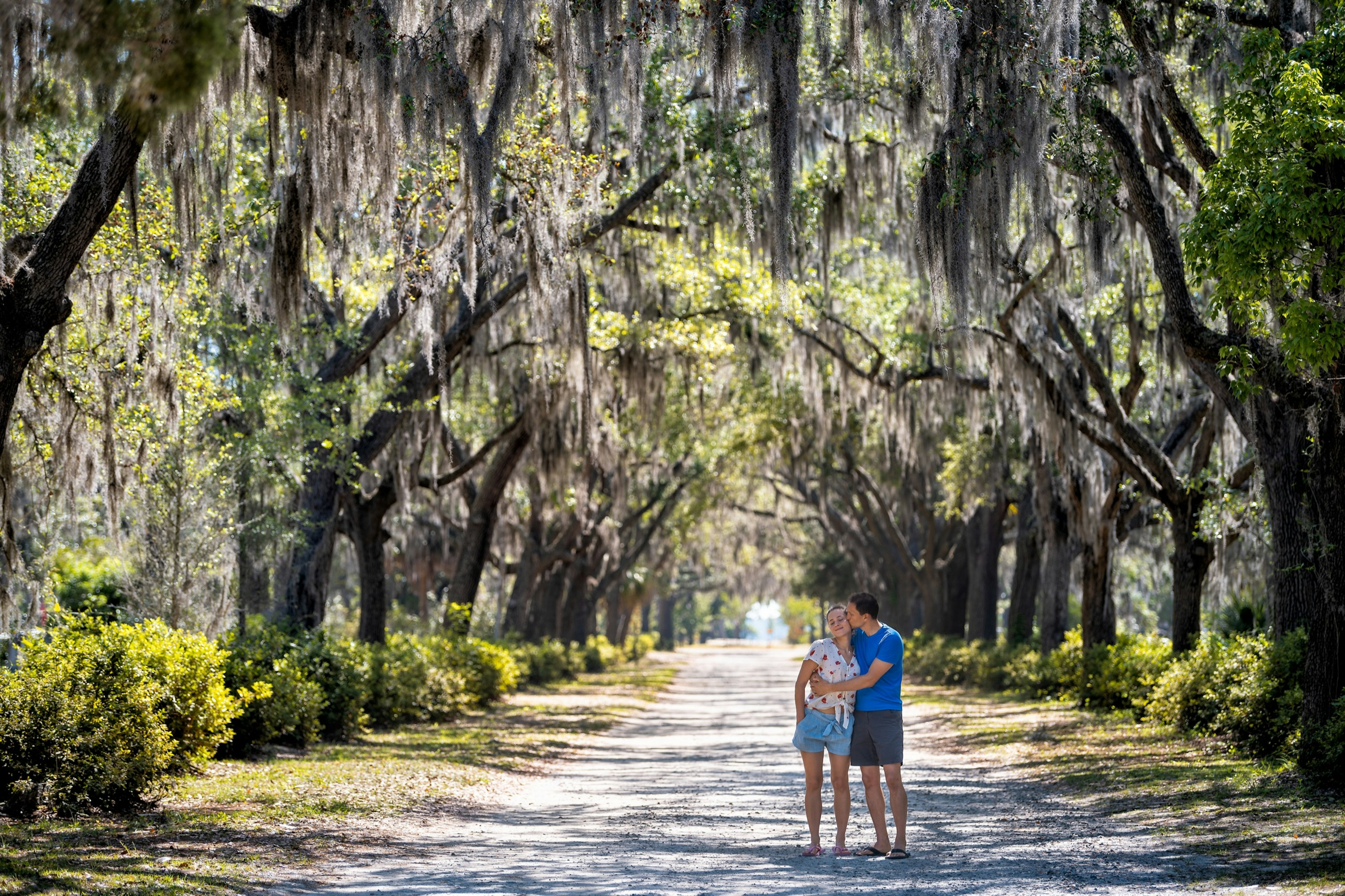 A man kisses a woman's kiss on a path flanked with Spanish moss trees in Savannah.